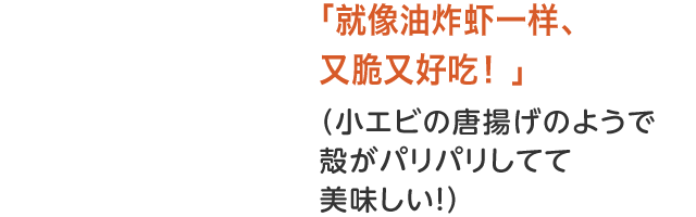 「就像油炸虾一样，又脆又好吃！」（小エビの唐揚げのようで殻がパリパリしてて美味しい！）